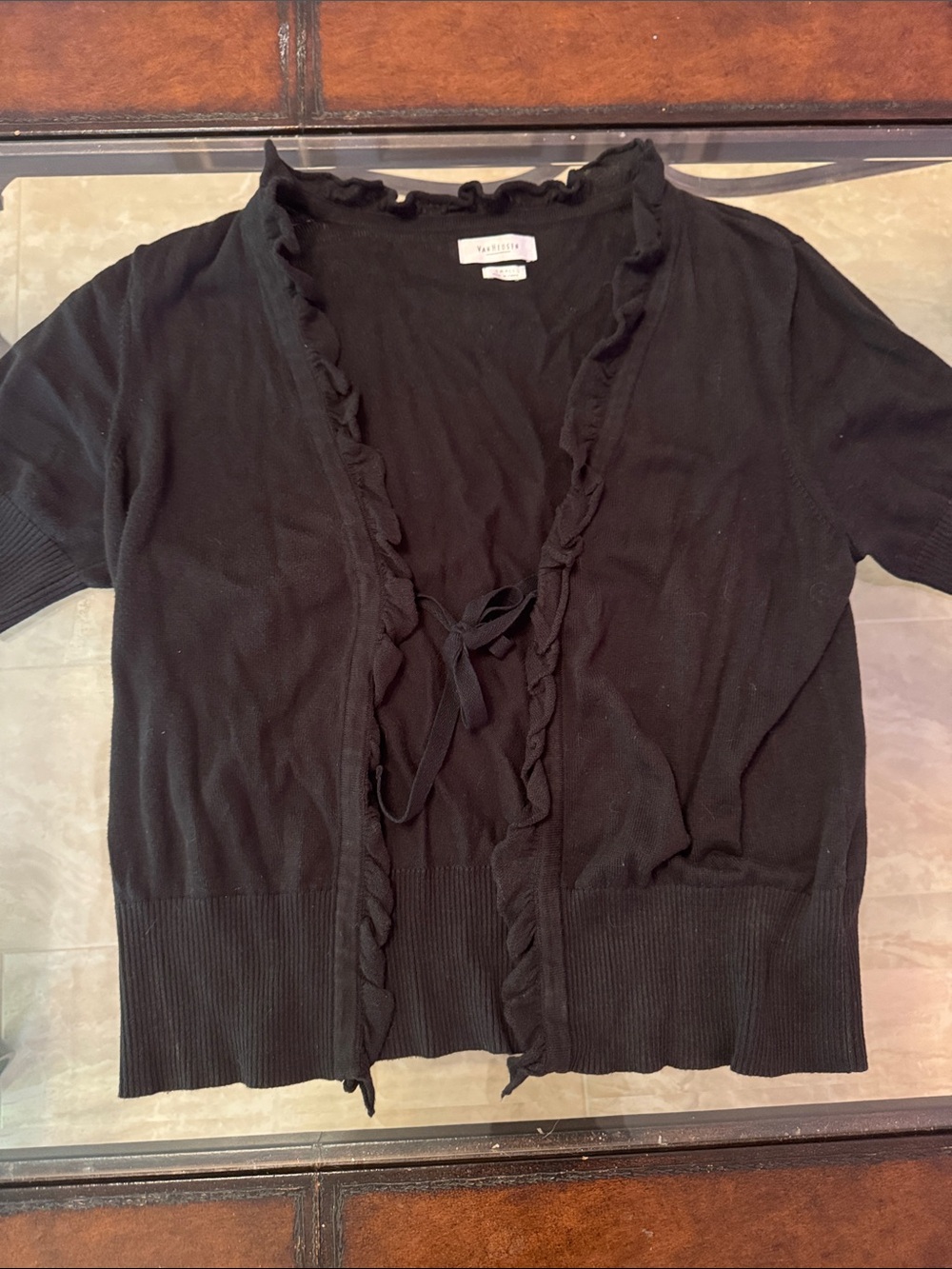 Van Heusen Black Ruffle Tie-Front Short Sleeve Cardigan